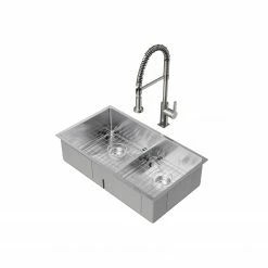 NewAge Products Shop Kitchen Sets 30.35 In. Undermount Double Bowl Stainless Steel Sink With Coiled Pull Down Faucet