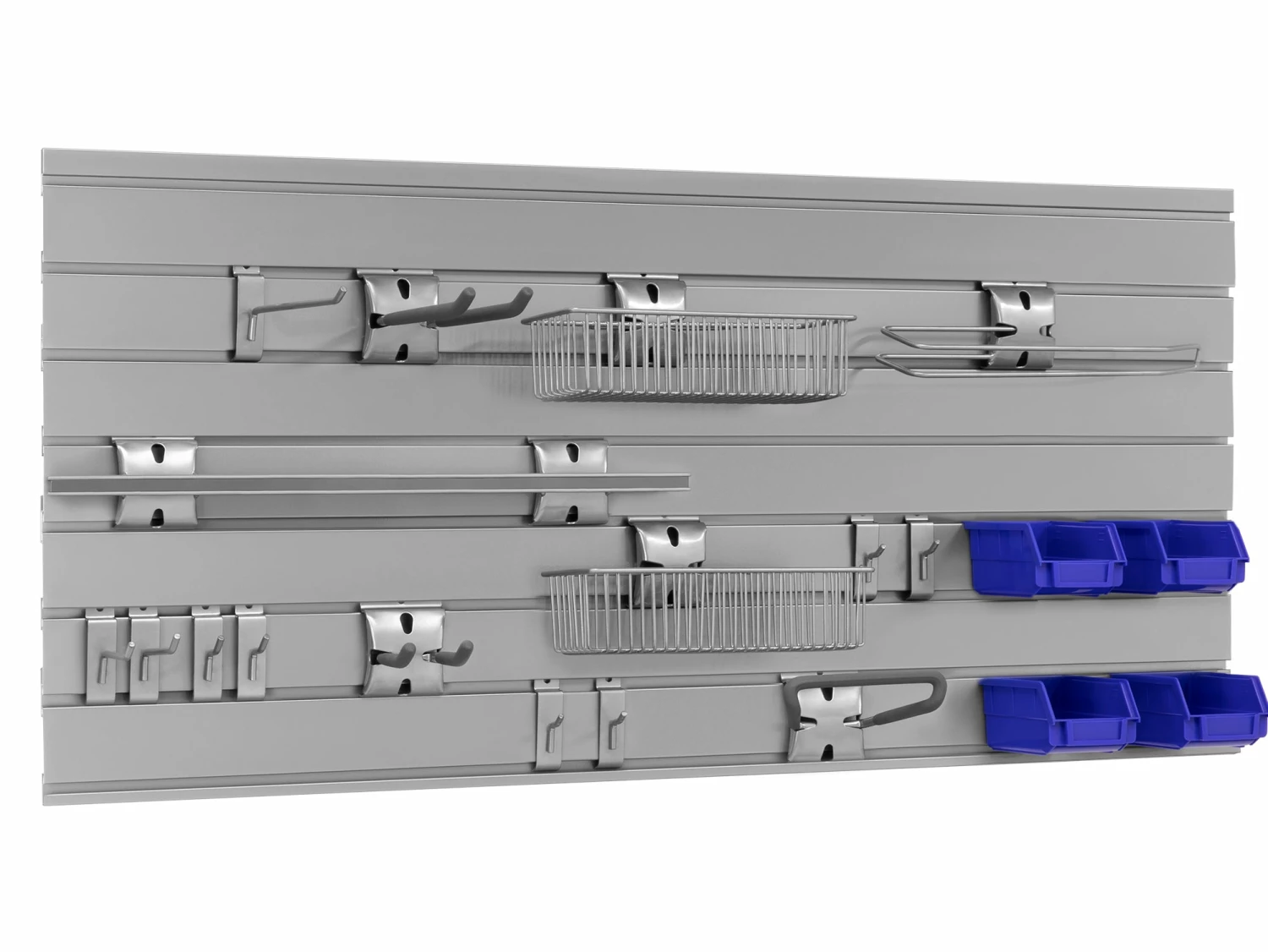 NewAge Products Garage Storage Bold Series 48 In. High-Gloss Silver Slatwall Backsplash With 20-Piece Accessory Kit 1 NewAge Products Garage Storage Bold Series 48 In. High-Gloss Silver Slatwall Backsplash With 20-Piece Accessory Kit