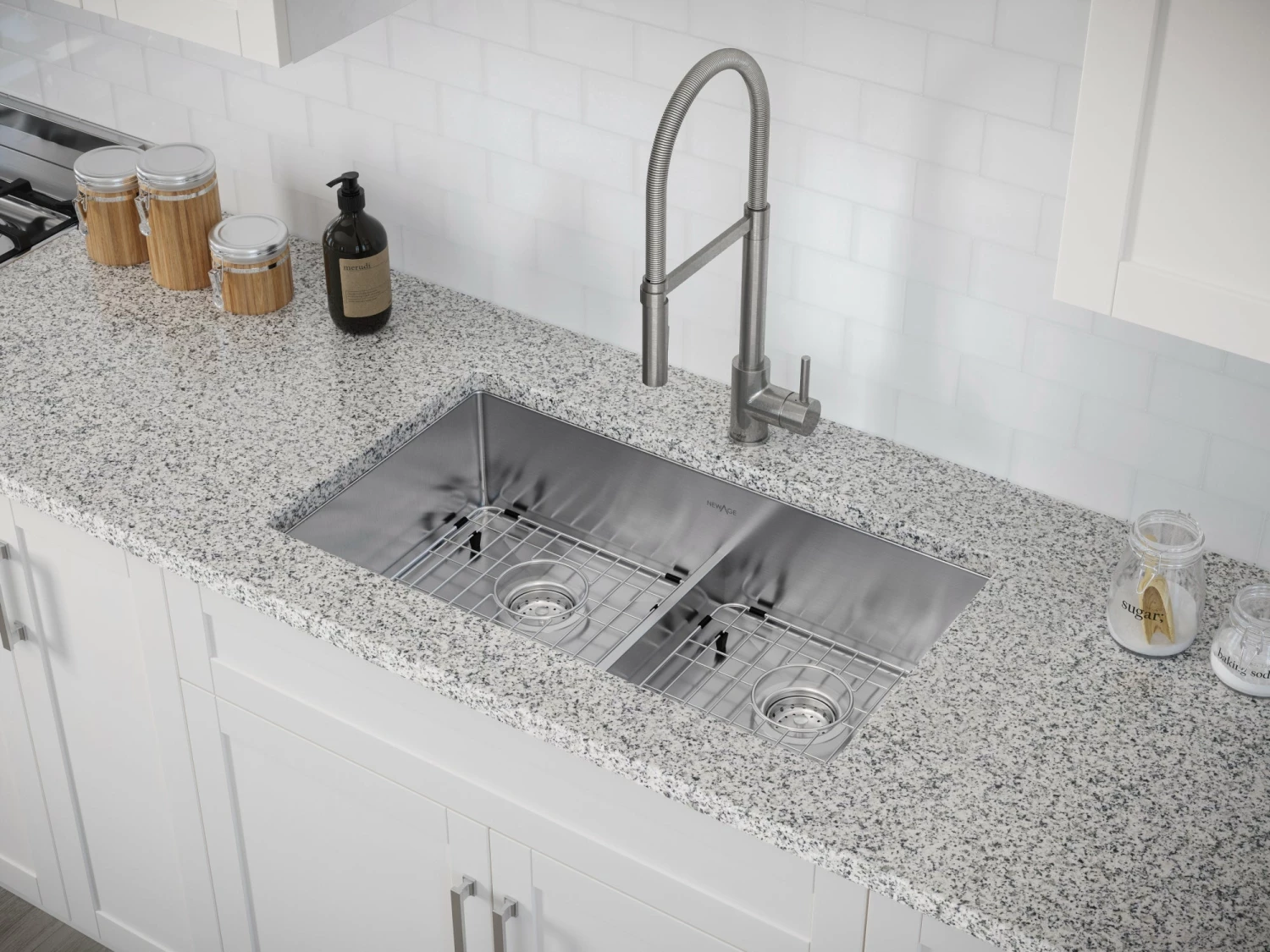 NewAge Products 30.35 In. Undermount Double Bowl Stainless Steel Sink With Flex Pull Down Faucet 3 NewAge Products 30.35 In. Undermount Double Bowl Stainless Steel Sink With Flex Pull Down Faucet