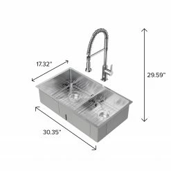 NewAge Products Shop Kitchen Sets 30.35 In. Undermount Double Bowl Stainless Steel Sink With Coiled Pull Down Faucet