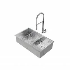 NewAge Products 30.35 In. Undermount Double Bowl Stainless Steel Sink With Flex Pull Down Faucet 24 NewAge Products 30.35 In. Undermount Double Bowl Stainless Steel Sink With Flex Pull Down Faucet