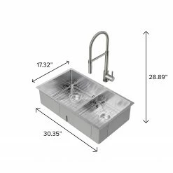 NewAge Products 30.35 In. Undermount Double Bowl Stainless Steel Sink With Flex Pull Down Faucet