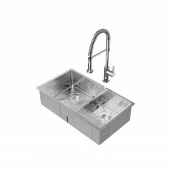 NewAge Products Shop Kitchen Sets 30.35 In. Undermount Double Bowl Stainless Steel Sink With Coiled Pull Down Faucet