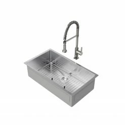 NewAge Products 32 In. Undermount Single Bowl Stainless Steel Sink With Coiled Pull Down Faucet
