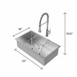 NewAge Products 32 In. Undermount Single Bowl Stainless Steel Sink With Coiled Pull Down Faucet 25 NewAge Products 32 In. Undermount Single Bowl Stainless Steel Sink With Coiled Pull Down Faucet