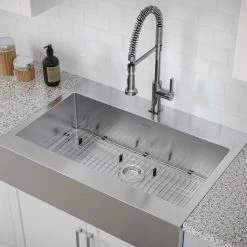 NewAge Products 36 In. Farmhouse Sink With Coiled Pull Down Faucet 26 NewAge Products 36 In. Farmhouse Sink With Coiled Pull Down Faucet