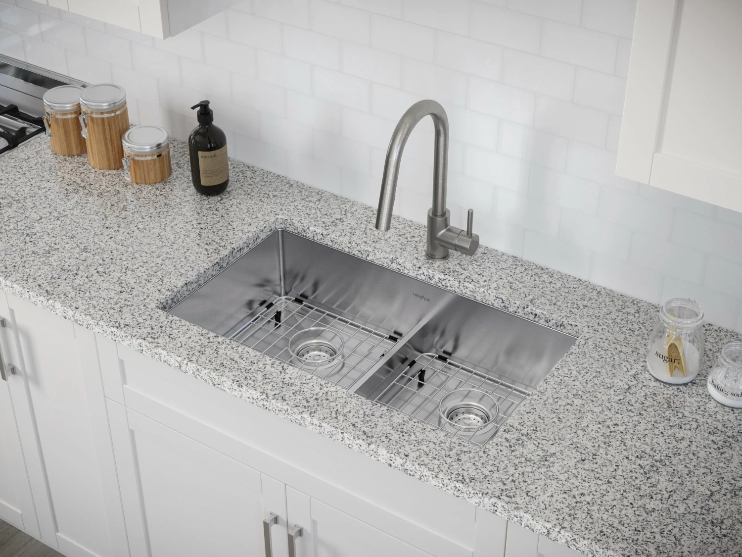 NewAge Products Shop Kitchen Sets 30.35 In. Undermount Double Bowl Stainless Steel Sink With Classic Pull Down Faucet 3 NewAge Products Shop Kitchen Sets 30.35 In. Undermount Double Bowl Stainless Steel Sink With Classic Pull Down Faucet