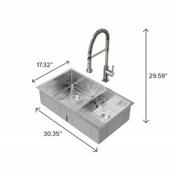 NewAge Products Shop Kitchen Sets 30.35 In. Undermount Double Bowl Stainless Steel Sink With Coiled Pull Down Faucet